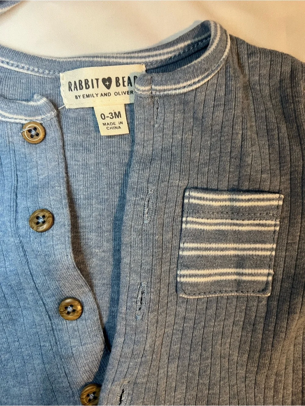 Rabbit + Bear Blue Ribbed One-Piece with Stripe Accent and Matching Hat Size 0-3